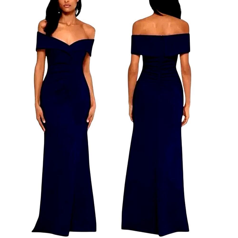 Xscape Women's Off-the-Shoulder Scuba Ruched Gown Navy Blue Size 6 NWT